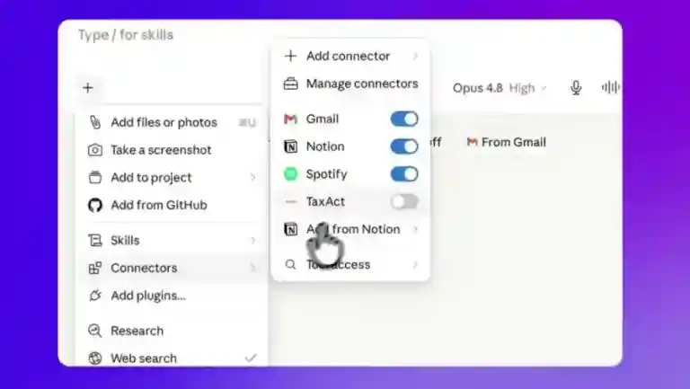 TaxAct listed in Claude Connectors menu screenshot
