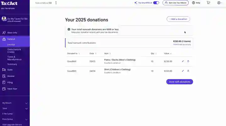 Screenshot of the TaxAct Donation Assistant Your 2025 donations screen showing an itemized ledger of noncash charitable donations with fair market values and total contributions